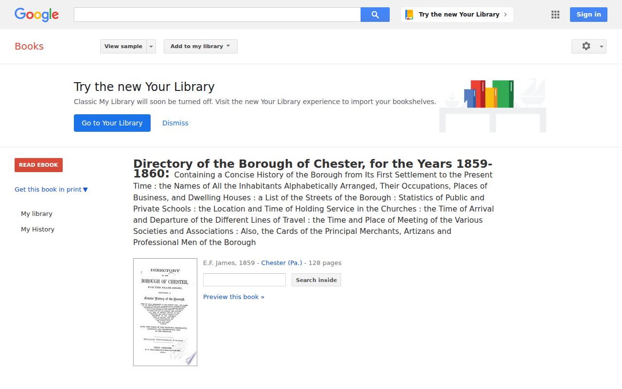 Delaware County city directory catalogue for the 1859 Chester volume