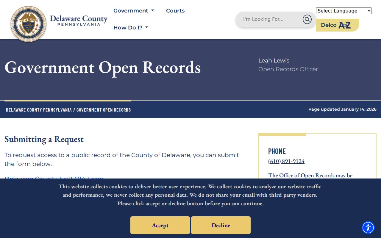 Delaware County residents directory Right-to-Know request portal