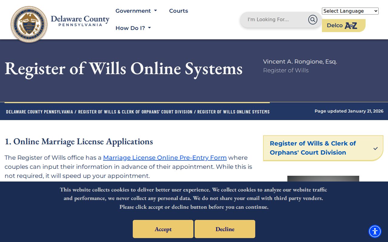 Delaware County previous residents Register of Wills guest search