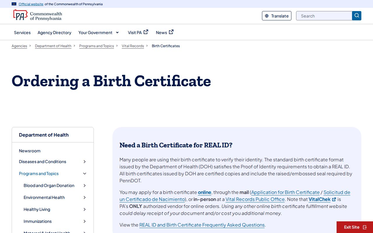 Delaware County resident lookup Pennsylvania birth certificate guidance